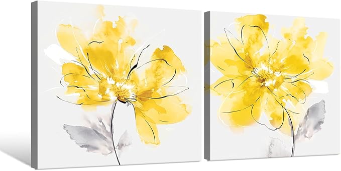 SEVEN WALL ARTS Yellow Flowers Wall Art 2 pcs Floral Pictures for Bathroom Abstract Canvas Flowers Wall Decor Botanical Poster Print for Living Room Bedroom Home Decor 24"x24"