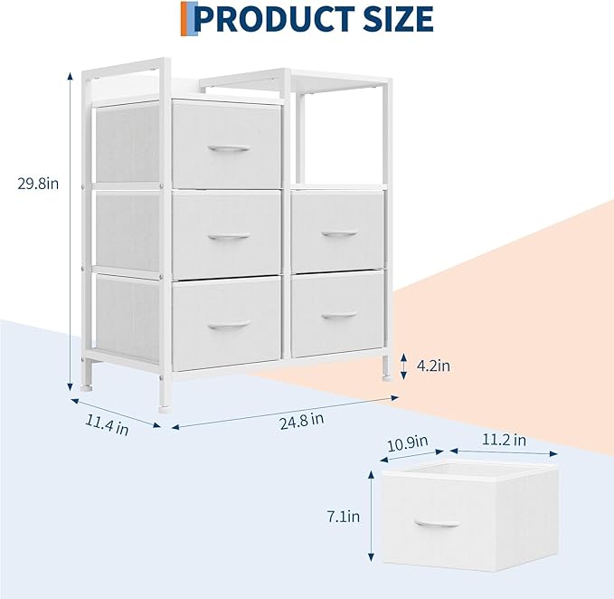 Garvee 5 Drawer Mobile File Cabinet with Open Storage Shelf, Rolling Printer Stand and Fabric Lateral Filing Cabinet for Home Office, Fits A4 or Letter Size Files, White