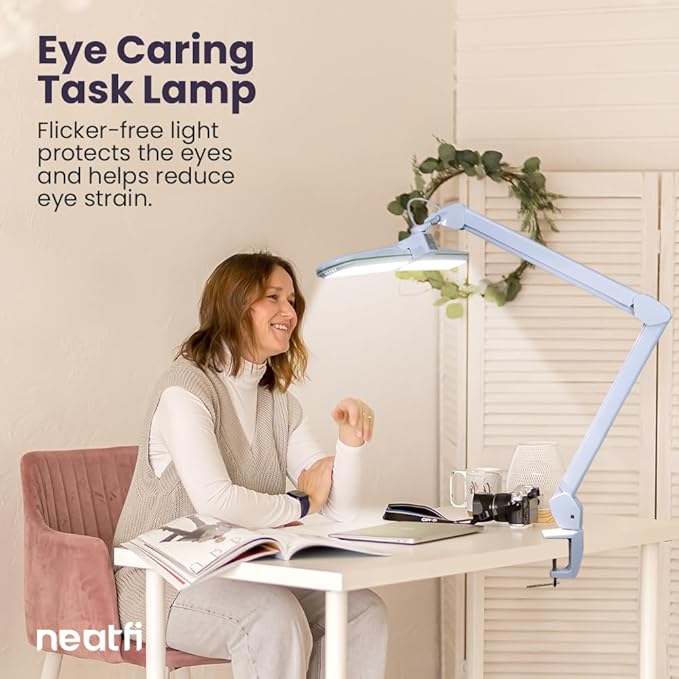 Neatfi Elite HD XL LED Desk Lamp | 3 Light Modes | Non-Polar Dimming | Eye-Caring Desk Light for Home Office, Drafting, Beauty Shop, Workbench (Green Ring, CCT with Clamp)