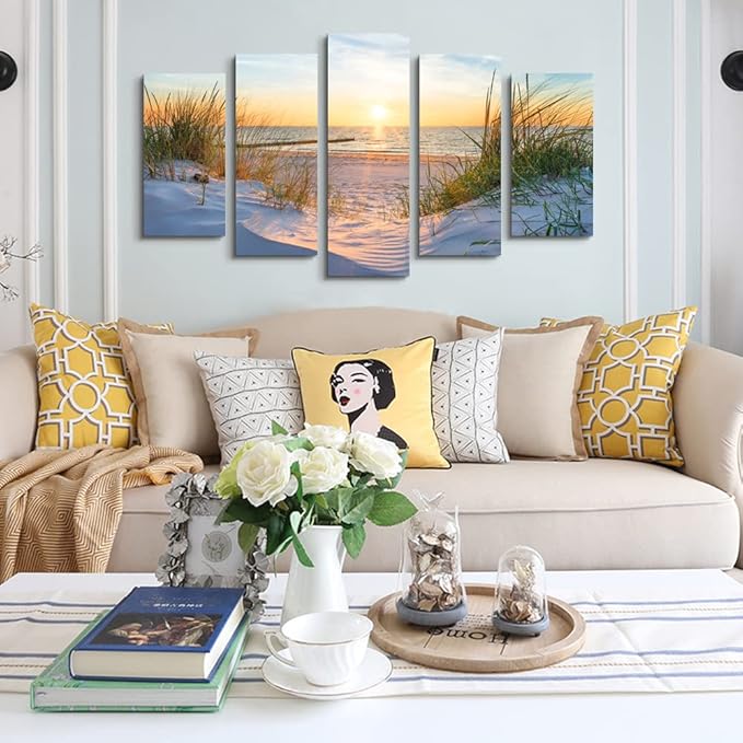 Canvas Wall Art For Living Room Large Size Wall Decor For Bedrooms Beach Grass Blue Ocean Landscape Painting Office Wall Decorations Seascape Print Canvas Pictures Artwork Home Decor Works 5 Piece
