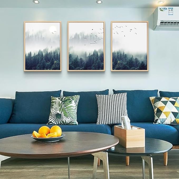 Framed Canvas Wall Art For Living Room-Wall Decorations For Bedroom Foggy Forest Trees Landscape Painting-Modern Home Decor Ready To Hang Wall Pictures Set of 3 Piece Natural Wood Framed Art Prints