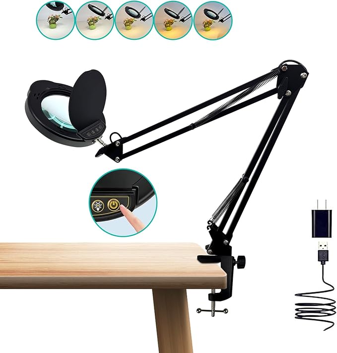 15X LED Magnifying Light, 5 Color Modes Dimmable LED Desk Lamp with Clamp, Long Arm Hands Free Desk Magnifier Light with Dust Cover for Crafts Hobby Painting Sewing Close Work