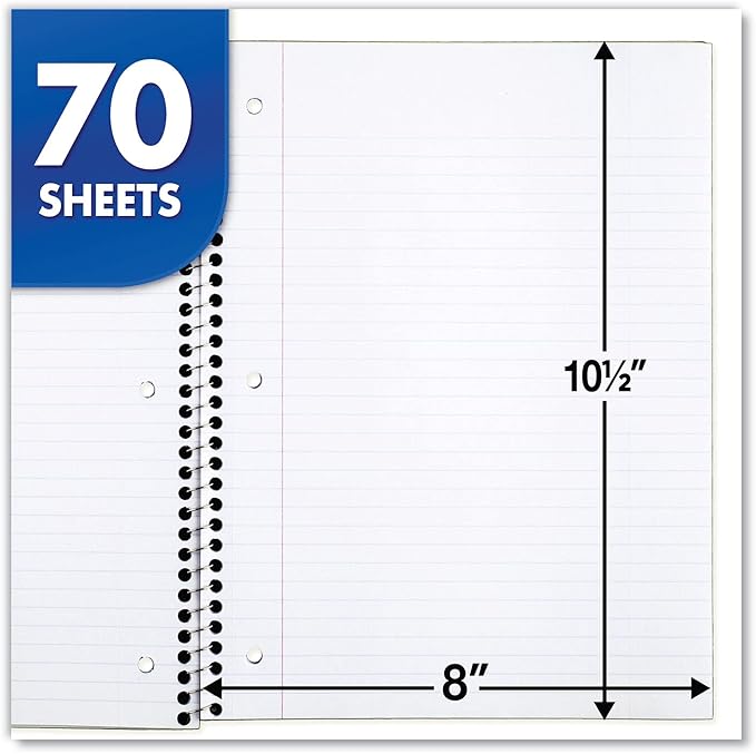 Mead Spiral Notebook, 1 Subject, College Ruled Paper, 7-1/2" x 10-1/2", 70 Sheets per Notebook, Colors Will Vary, 6 Pack (73065)