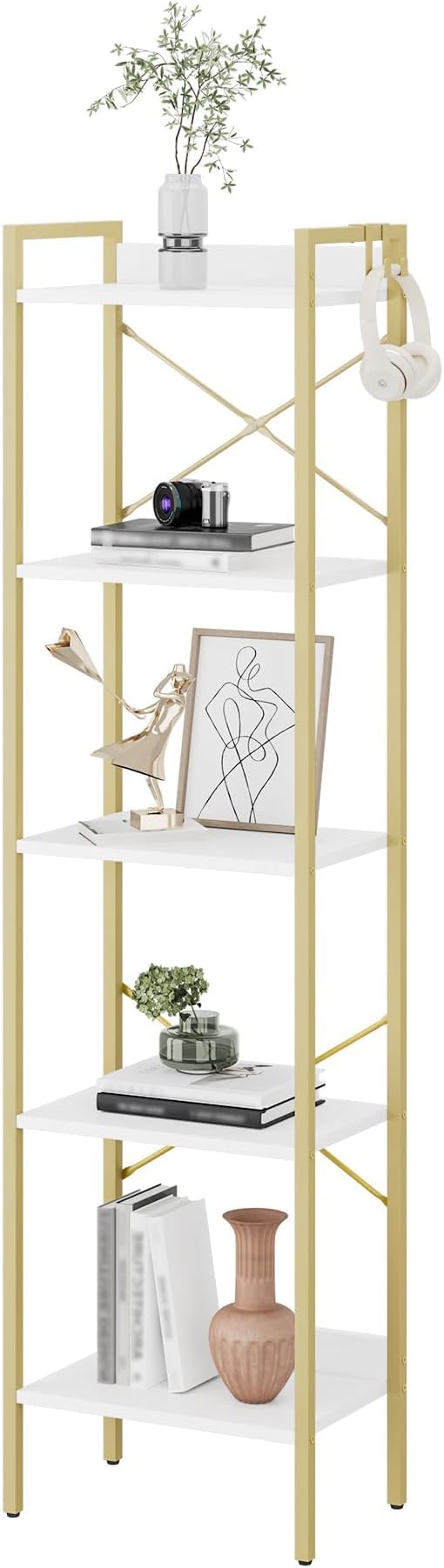 Bookshelf, Book Shelf, Industrial Bookcase with 2 Hooks, Coner Shelf Storage Organizer for Home Office, Living Room, Bedroom, Kitchen, 5-Tier White Gold BC10513G
