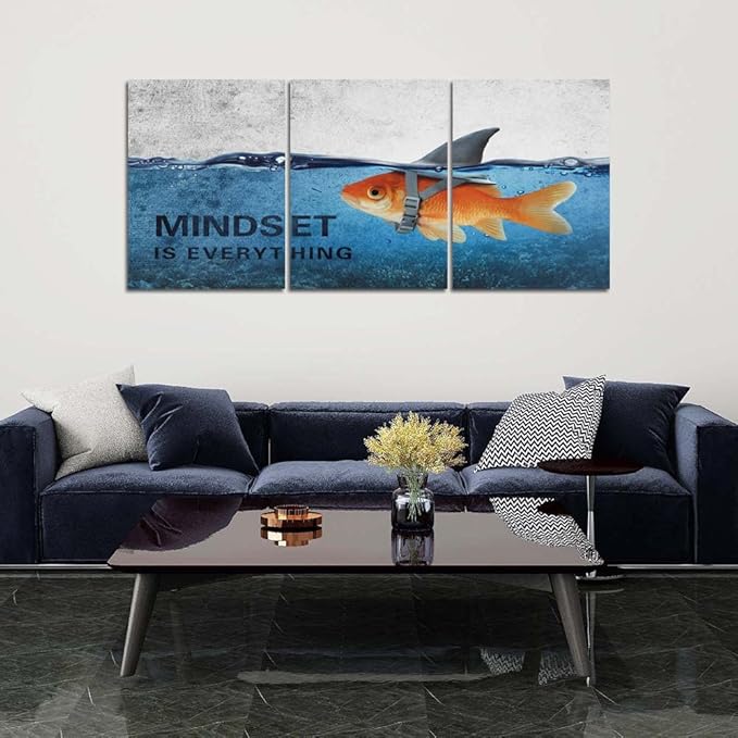 Inspirational Canvas Wall Art Blue Goldfish Pictures Posters Painting on Canvas Abstract Shark Motivational Entrepreneur Quotes Office Decor Artwork Bedroom Framed Ready to Hang - 60"W x 28"H