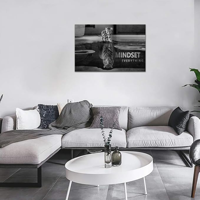 Black and White Small Cat Big Tiger Posters Inspirational Wall Art Motivational Posters Inspiring Entrepreneur Quotes Mindset is everything Pictures Home Decor for Office Classroom Gym (24”Hx36”W)