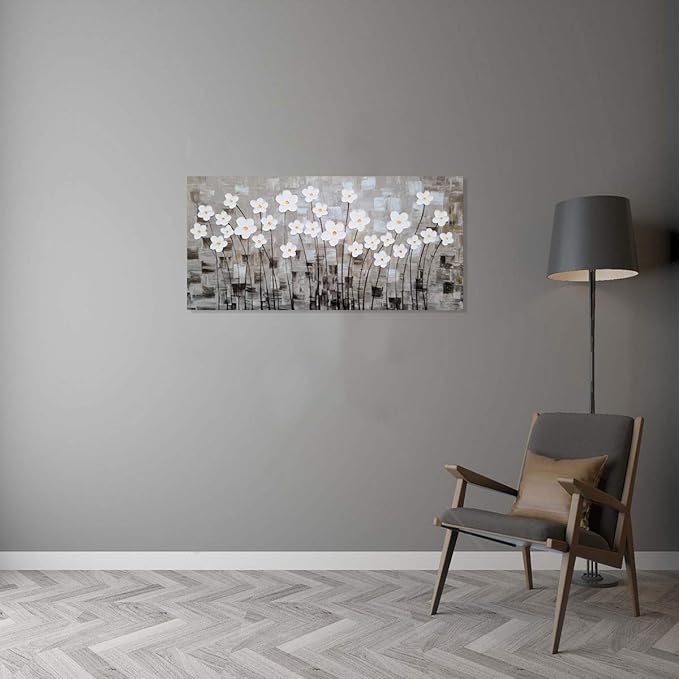 Yihui Arts Hand-Painted Textured White Floral Oil Painting on Canvas, Modern Gray Abstract Background Wall Art for Living Room Bedroom, Thick Textured Floral Decor