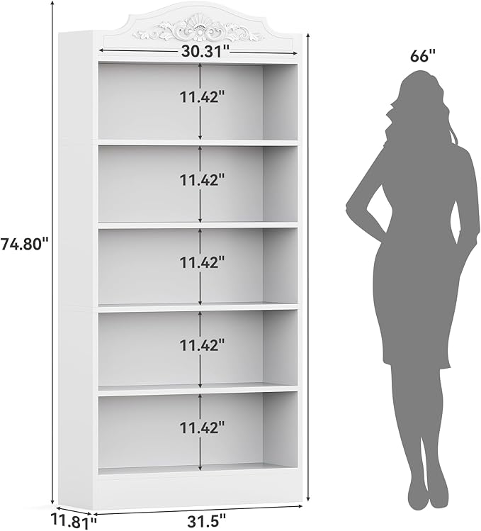 LITTLE TREE 5-Tier Bookcase with Storage, 73-Inch White Bookshelf, Modern Open Storage Shelf, Book Shelf for Living Room, Bedroom, Home Office