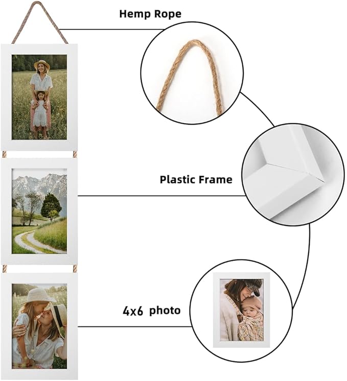 Lavezee 4x6 White Hanging Collage Picture Frames Set of 2, 6 Opening Vertical Frame Made to Display 4 by 6 Inch Photo for Wall Decor, Gifts for Valentine's Day Wedding Birthday Mother's Day