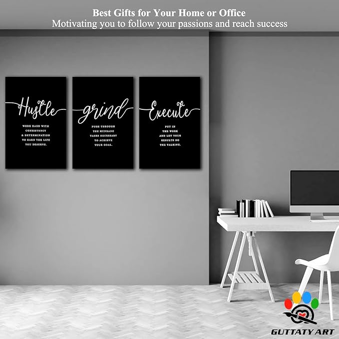 Office Wall Art - 3 Panel Motivational Canvas With Inspirational Quotes for Home and Company Decor, Positive Entrepreneur Words Poster Frame 24"x36"x3Pcs