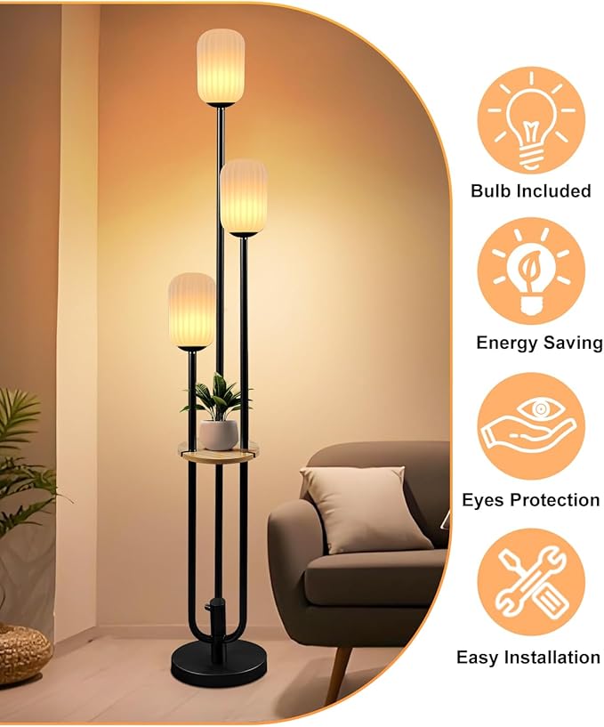 Floor Lamp for Living Room, Dimmable Vintage Floor Lamp with Shelf & LED Bulbs, 3 Light 3000K Soft Warmwhite Mid Century Standing Lamp, Tall Lamps for Bedroom Office