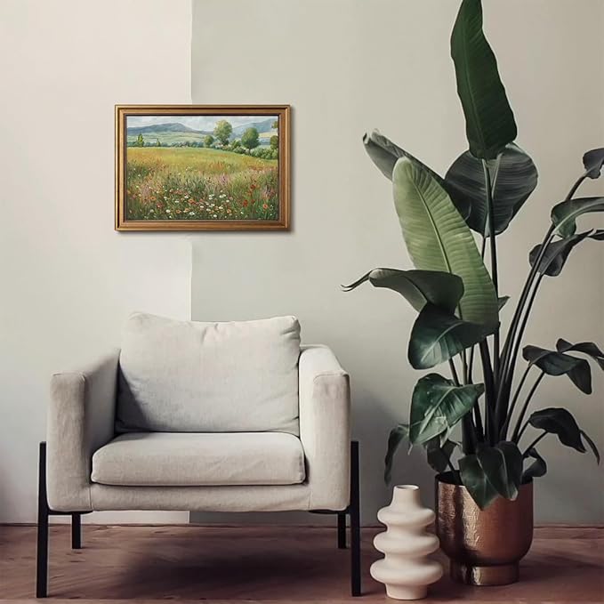 Gold Framed Wall Art Vintage Flower Canvas Wall Art Floral Countryside Landscape Wildflower Artwork Prints Picture for Living Room Bedroom Farmhouse Bathroom Office Decor, 16x24