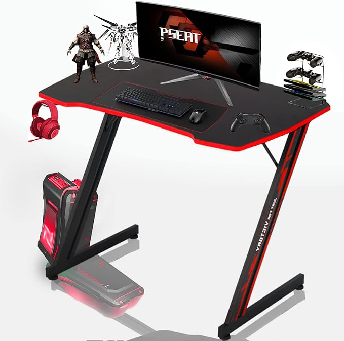 35" Z-Shaped Gaming Computer Desk with Hook - Cheap Home Office Desk for Bed, Sofa or Kids, Easy to Install, Lightweight to Move, Red