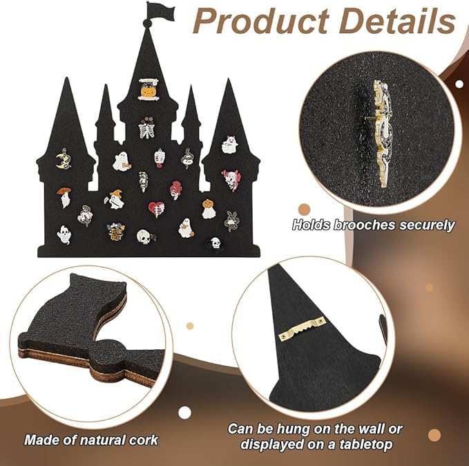 BENECREAT Black Castle Pin Board Cork Board, 14.2x11.8Inch Bulletin Display Board Wall Mounted Cork Board for Brooch Pin Collection Display, Office Home and School Decor