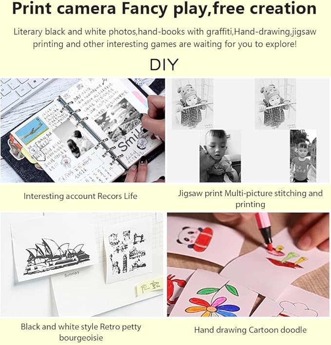 ZJchao 1080P Instant Print Camera Printer Thermal Label Printer with 10 Cartoon Photo Frames for Office and Home (Pink)