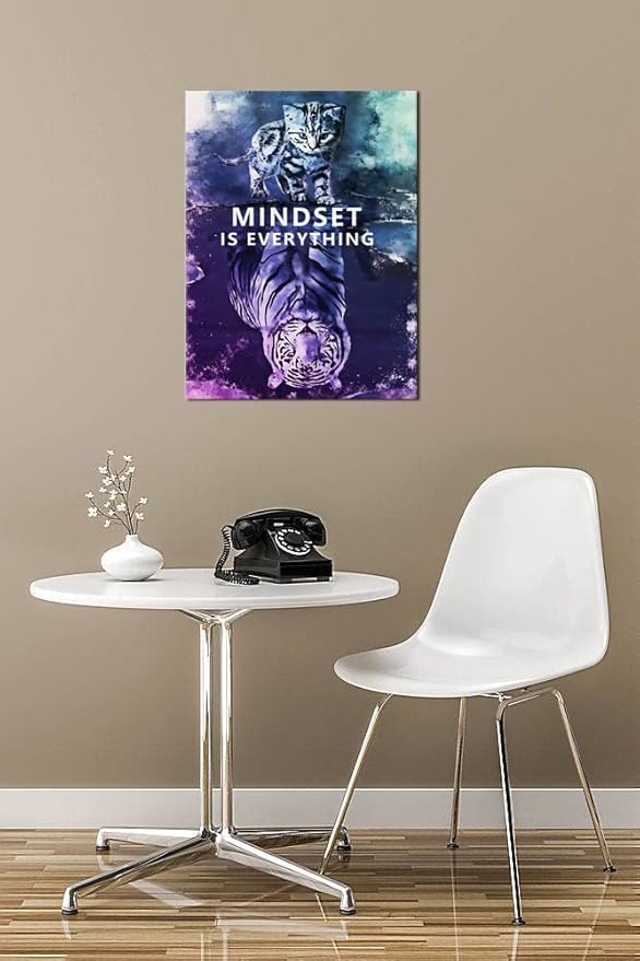Inspirational Wall Art Posters Big Tiger Pictures Small Cat Canvas Painting Mindset is Everything Print Poster Artwork Wooden Home Decor for Living Room Gym Office Framed Ready to Hang[18" W x 24" H]