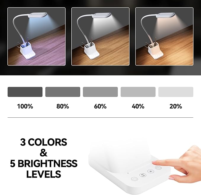 AXX White LED Desk Lamp with USB Charging Port, Flexible Gooseneck Table Light, 650LM, Phone Mount, Pen Holder, Timer Settings, Study Essentials for College Dorm Room Home Office Bedroom