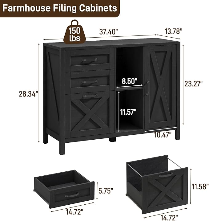 Vabches Lateral File Cabinet, Farmhouse 3 Drawer File Cabinet with Open Storage Shelf for Letter/Legal/A4 Size Hanging Files, Large Wood Storage Cabinets Printer Stand for Home Office, Black