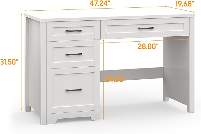 Vabches Farmhouse 47" Executive Desk with File Drawer, Wood Computer Desk with 3 Storage Drawers, Workstation for Home Office, Study, Writing.White.