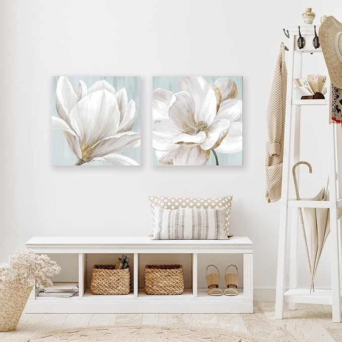 SEVEN WALL ARTS White Magnolia Wall Art Flower Artwork Floral Canvas Paintings Vintage Nature Botanical Painting Farmhouse Artwork Wall Decor for Bedroom Living Room Bathroom Office 24"x 24" x2pcs
