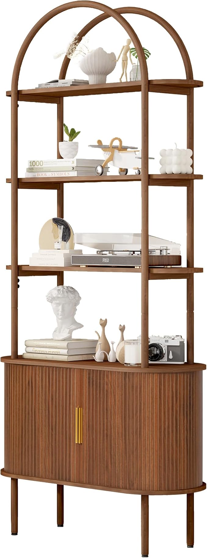 71" Tall Fluted Arched Bookshelf with Sliding Tambour Doors, Mid Century Modern Metal Curved Bookshelf Cabinet with Storage, 4-Tier Open Display Storage Shelf for Home Office, Living Room (Walnut)