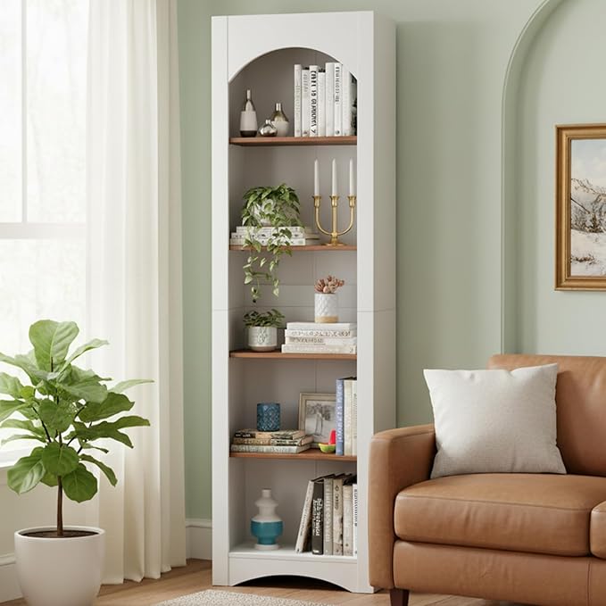 71.6" Tall Farmhouse Bookshelf, 5-Tier Narrow Bookcase & Storage Cabinet, Freestanding Kitchen Pantry Organizer with Adjustable Shelves for Living Room, Home Office, White