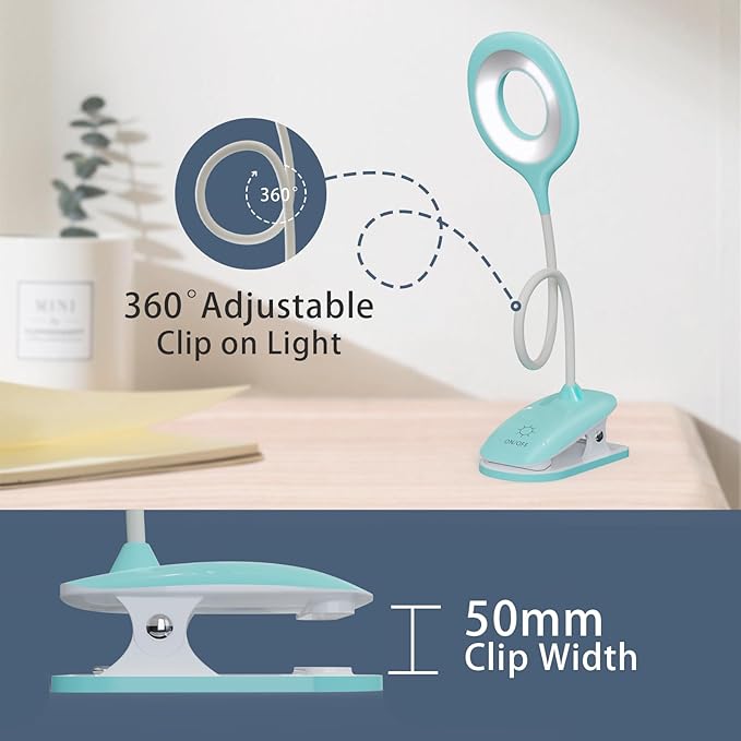 Clip On Reading Light for Bed Headboard, USB Rechargeable Desk Lamp for Dorm Room Essential, 5W, 3 Colors Touch Dimmable, Eye Protect, Green