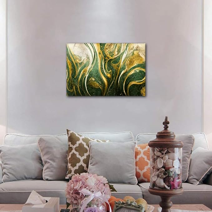 Canvas Wall Art for House 1 Panel Modern Abstract Canvas Artwork Gold and Green Blue Poster Printing for Designers Office Wall Decor Dilettante Living Room Canvas Decor Framed Ready to Hang 24x16 in