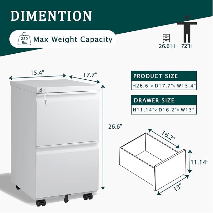 2 Drawer Mobile File Cabinet with Lock and Wheel, Anti-tilt Design Metal Vertical Filing Cabinet, Rolling Desk Filing Cabinet fits Letter/Legal Size for Home Office (White)