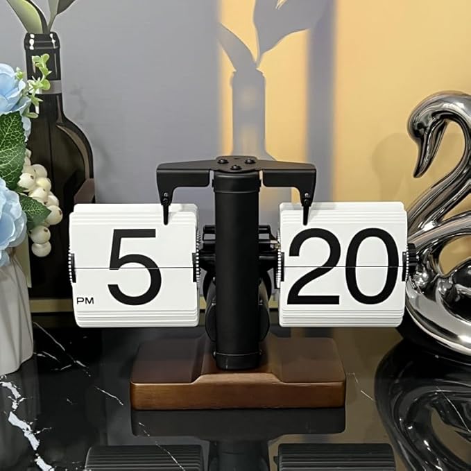 FOSA Flip Desk Clock, Retro Vintage Flip Desk Table Clock, Digital Sided Large Numbers Mechanical Flip Clock Wood Base for Living Room, Study Room and Office（Black）