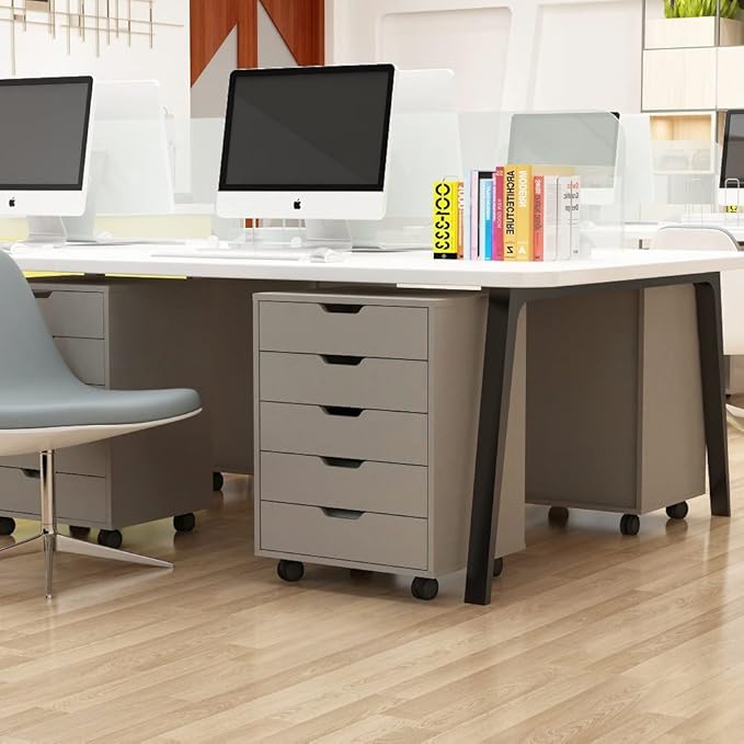 Dark Grey Five Drawers Cabinet Wooden Office Pulley Movable File Storage Cabinet Low Cabinet
