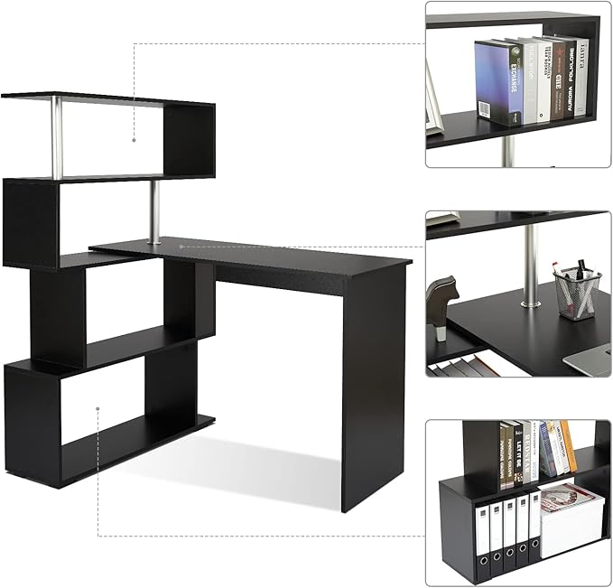 41.7" L Shaped Desk with 4-Tier Storage Shelves, Computer Corner Desk for Study Home Office Living Room (Black)