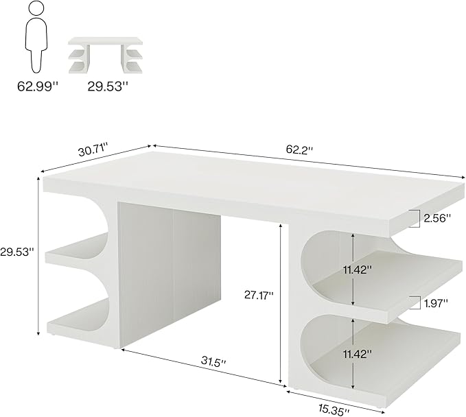 Tribesigns White Executive Office Desk, 63" Computer Desk with Storage Shelves, Modern Wood Study Writing Table, Large Workstation Business Furniture for Home Office (Table Only)