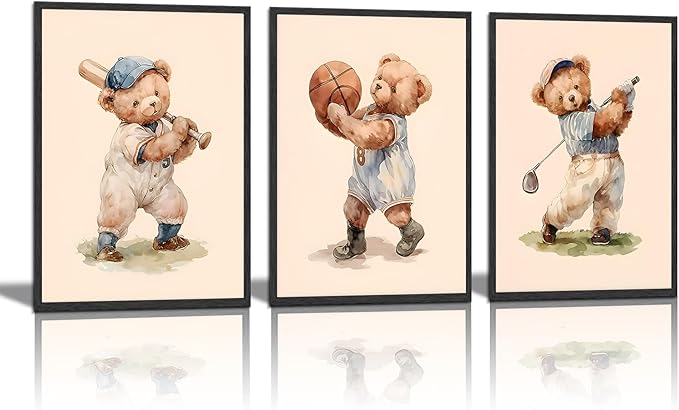 Teddy Bear Sports Nursery Animal Wall Art Cute Woodland Rugby Wall Decor Pictures Vintage Basketball Baseball Kids Room Canvas Poster Prints for Boys Room Bedroom Decorations Unframed(12x16in poster)