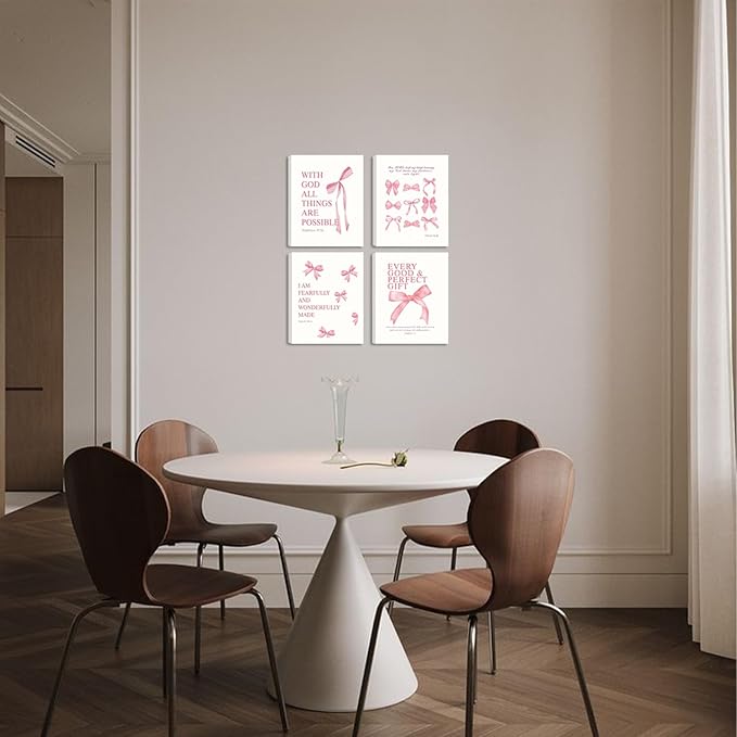 SEHSUVC Coquette Pink Bow Bible Verse Wall Art Set of 4, Christian Scripture Inspirational Canvas Prints, Cute Girly Preppy Aesthetic Religious Wall Decor for Bedroom Nursery Living Room Home 8x10In Framed