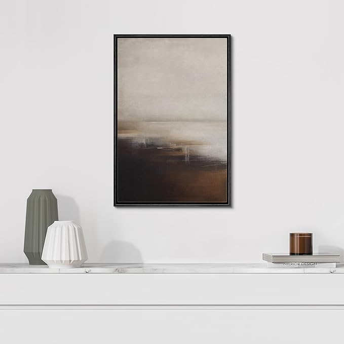 SIGNFORD Framed Canvas Print Wall Art Neutral Abstract Coastal Landscape Soft Brown and Beige Hues Illustrations Modern Art Decorative Relax/Calm for Living Room, Bedroom, Office - 24"x36" Black