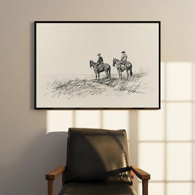 Vintage Cowboys on Horses Sketch Canvas Print Neutral Western Wall Art Farmhouse Wall Decor Rustic Country Art Poster Trendy Eclectic Vintage Artwork Prints for Living Room Dorm Office Decor, Unframed