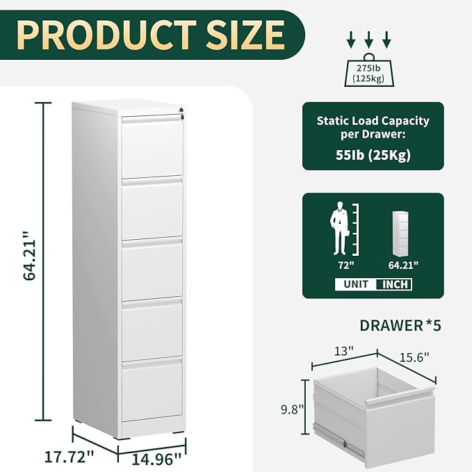 5 Drawer File Cabinet with Lock, Vertical Filing Cabinets for Home Office, Locking File Cabinet Hanging Files for A4/ Legal/Letter, Require Assembly, White