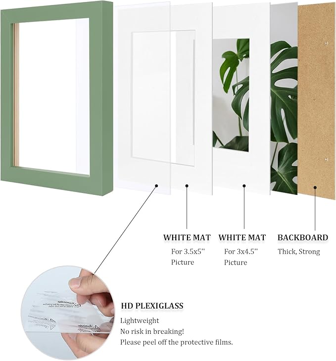 Egofine 4x6 Picture Frames 4PCS Covered by Plexiglass for Picture 3x4.5 and 3.5x5 with Mat or 4x6 whitout Mat Made of Solid Wood for Table Top Display and Wall Mounting Photo Frame, Green