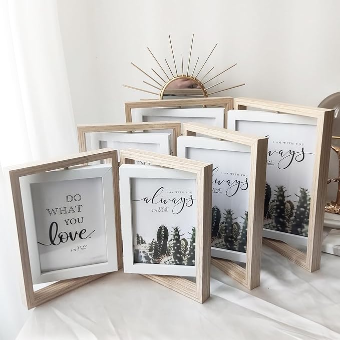 Wooden Hinged Double floating rotating Picture Frame for Photos, 4 * 6 5 * 7 vertical photo Natural Finish (wood color, 4 * 6in)