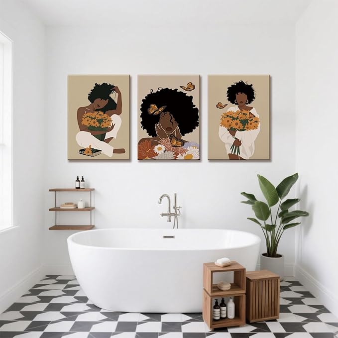 TUEASKY 3 Piece Canvas Wall Art African American Wall Decor Black Woman Pictures Sunflower Butterfly Paintings Abstract Prints Boho Artwork for Bedroom Bathroom