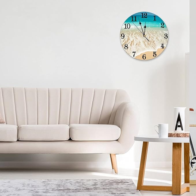 Sea Beach Wall Clock Battery Operated Silent Non Ticking Round Clock Summer Ocean Theme Wall Decor for Home, Office, School 9.8 Inch