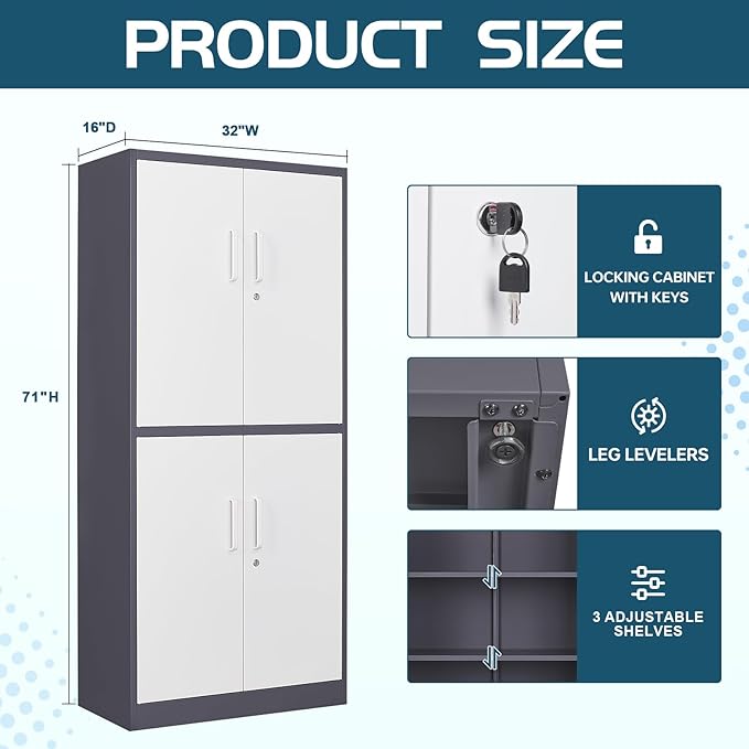 MIIIKO Metal Storage File Cabinet with 4 Doors, Steel Storage Cabinet with Locking Doors and 5 Shelves, for Home Office, Hospital, Garage, Commercial Storage