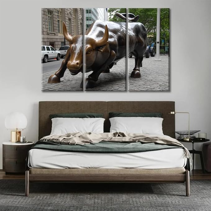 TUMOVO Large Canvas Wall Art 3 Panel America Bull Statue Poster Photography Print On Canvas Pictures for Home Decorations Office Wall Decor Stretched and Framed Ready to Hang, 60" Wx40 H