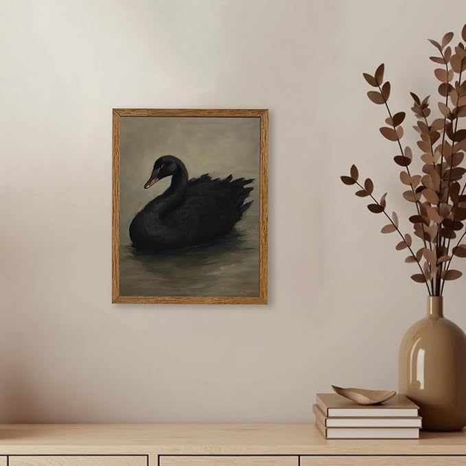 AVECCO Framed Vintage Gothic Black Swan Canvas Wall Art, Rustic Farmhouse Wall Decor, Unique Animal Art Prints for Kid's Room Bathroom Bedroom Living Room Office Home Decoration Ready to Hang 8x10 In