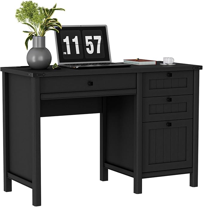 Farmhouse Executive Desk 45 inch Computer Desk with 4 Drawers, Smart Charging Station, Home Office & Study Room Essential for Remote Workers, Professionals & Students.Black