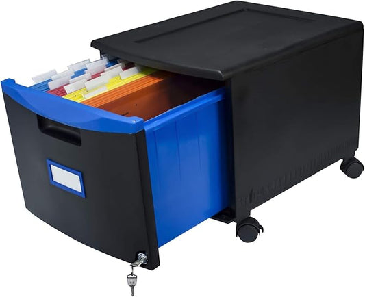 Storex Plastic One-Drawer File Cabinet – Locking Document Organizer with Casters for Home and Office, Black, 1-Pack (61269C01C)
