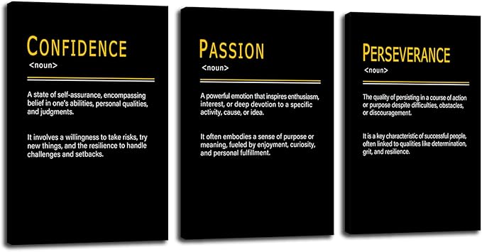 WYJDFART PASSION CONFIDENCE PERSEVERANCE 3 Pieces Positive Quotes Poster Overcome the Challenge Motivational Wall Decor for Office Home Bedroom Workplace Framed Ready to Hang [72''Wx 36''H]