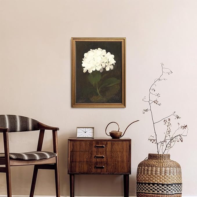 Gold Framed Wall Art Vintage Canvas Wall Art White Hydrangea Flower Floral Artwork Prints Picture for Living Room Bedroom Farmhouse Bathroom Office Decor, 16x24