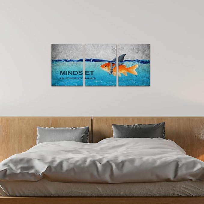 KAWAHONE 3 Panels Modern Framed Inspirational Quote Canvas Wall Art-Mindset is Everything Goldfish Strong Shark Motivational Posters Framed, Bathroom Bedroom Office Decor Framed Ready to Hang